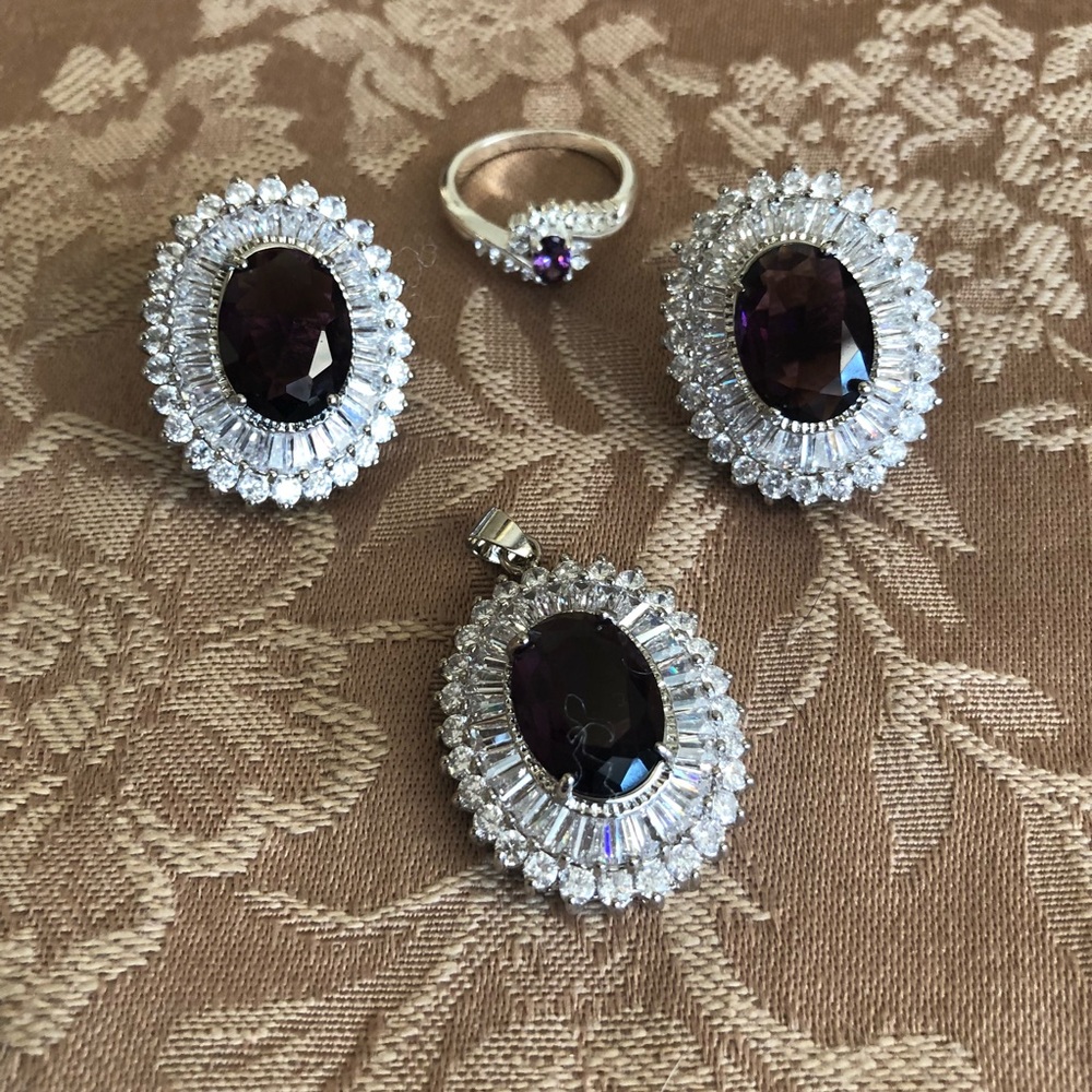 🌹18k White Gold Filled purple jewelry set.